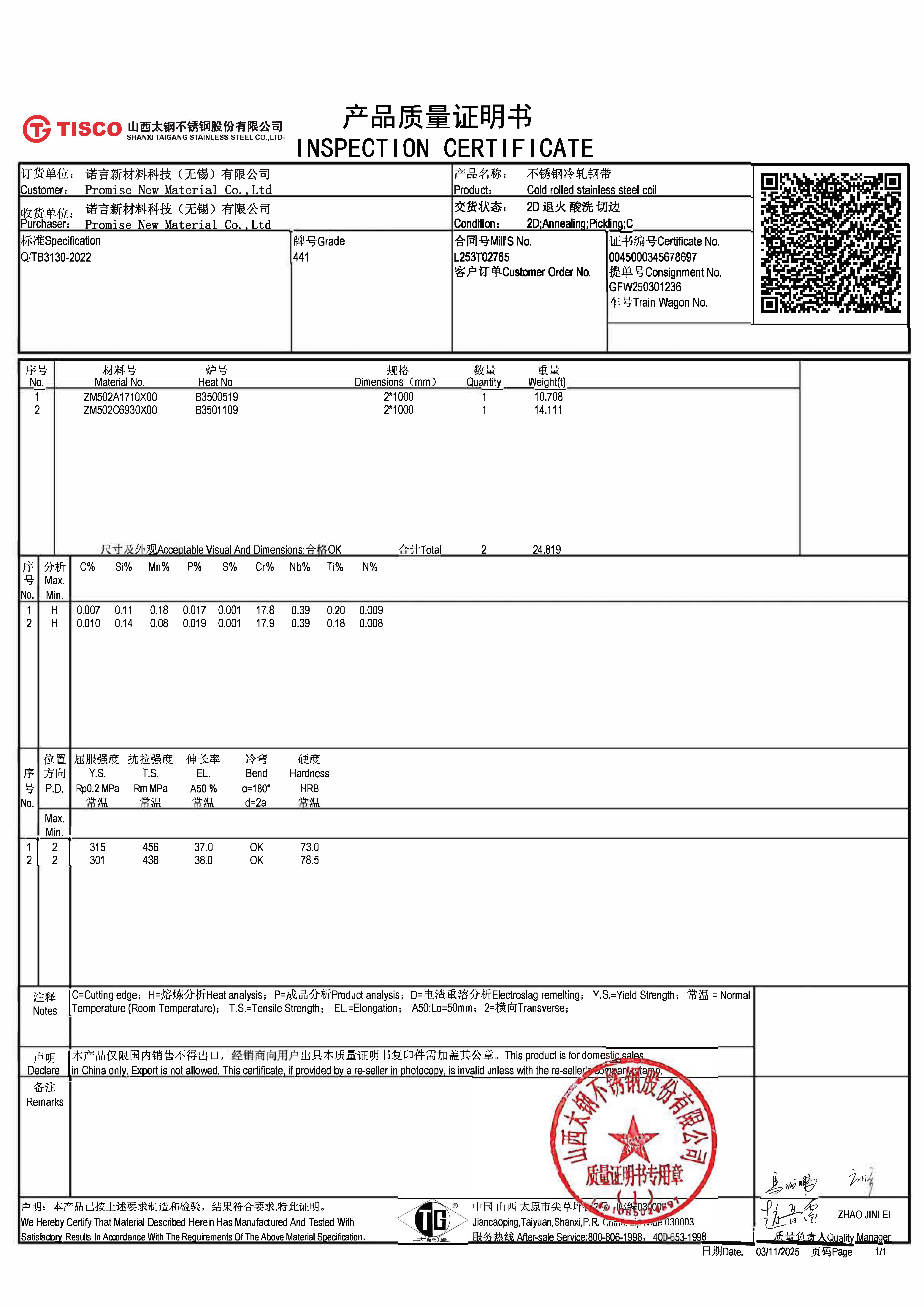 SAM20250308-Stainless Steel Coil COA for SAM20250102_页面_1